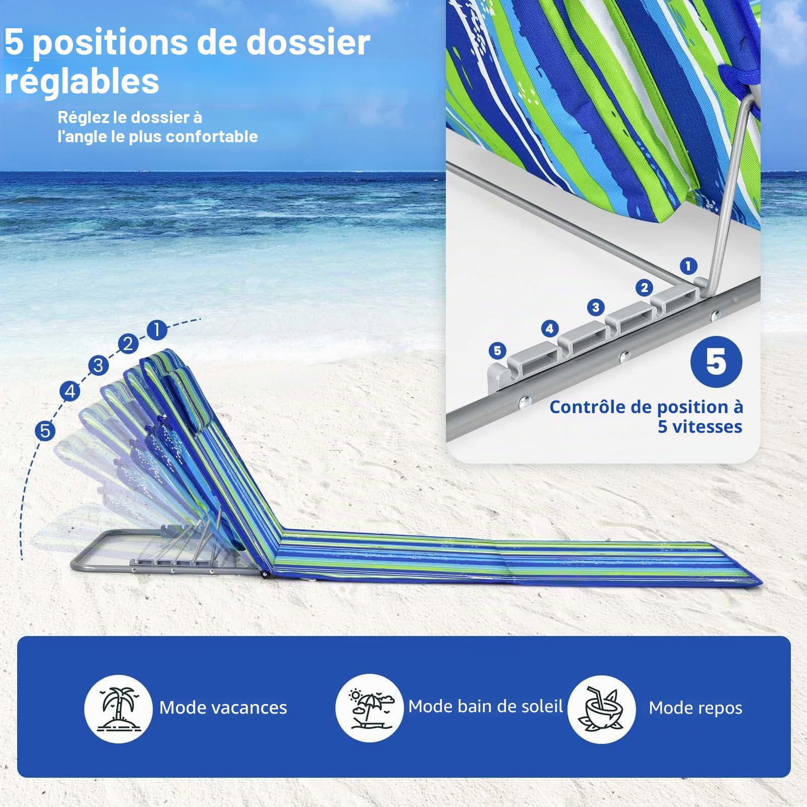 FANTASK Lot de 2 Tapis de Plage avec Table d'appoint, Oreiller et Compartiment de Rangement, Tapis de Couchage avec Dossier réglable, Chaise Longue pour la Plage (Vert)