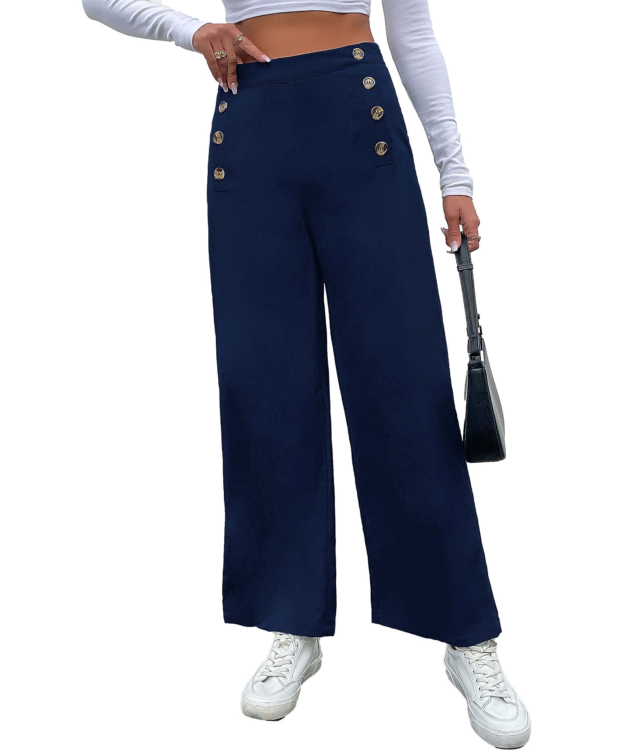 CHARTOU Womens Fall Casual High Waist Button Front Wide Leg Long Pants