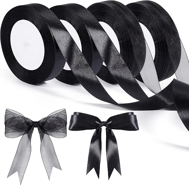 4 Roll Black Ribbon, Black Satin Ribbon and Organza Ribbon for Gift Wrapping Valentine's Day Wedding Party Ribbon Decoration
