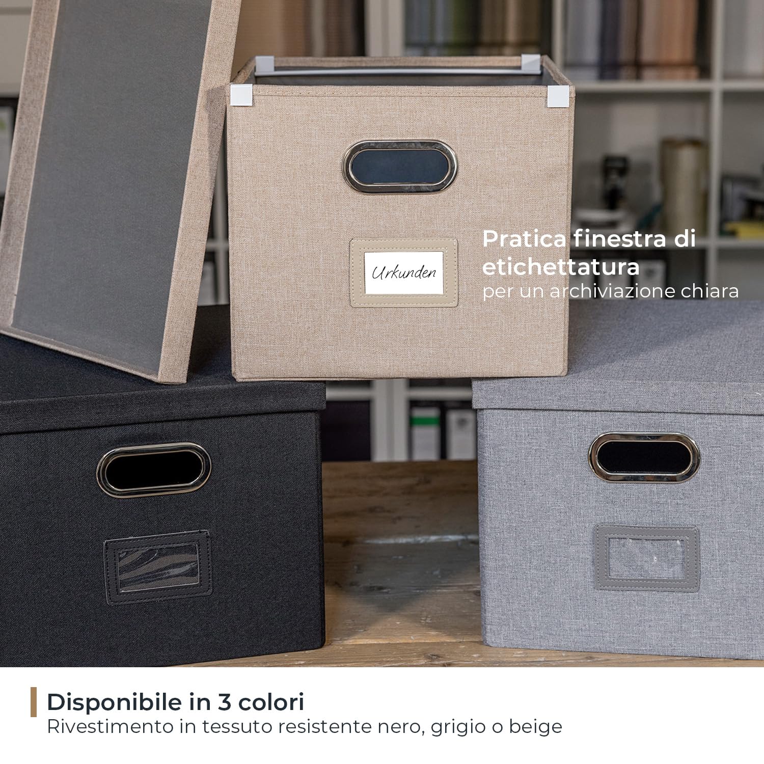 HMF scatola porta oggetti con coperchio per cartelle sospese DIN A4 | adatta per Kallax | 33 x 37,5 x 28 cm | grigia