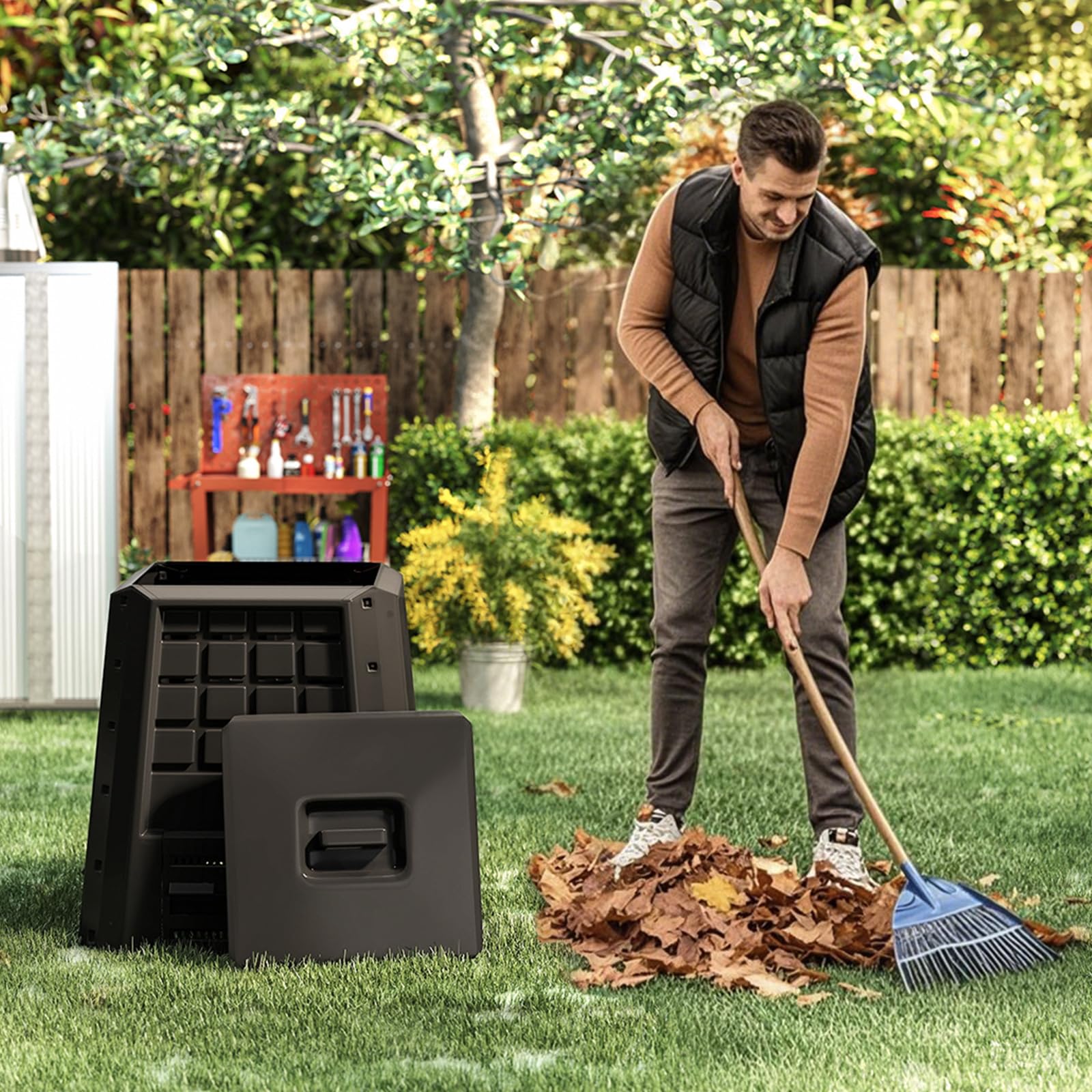 GOPLUS Compostador de Jardín de 380 L con Ventilación | Cubo de Compost Exterior con Tapa y Puerta, Compostera de PP Resistente a la Intemperie para Residuos Orgánicos