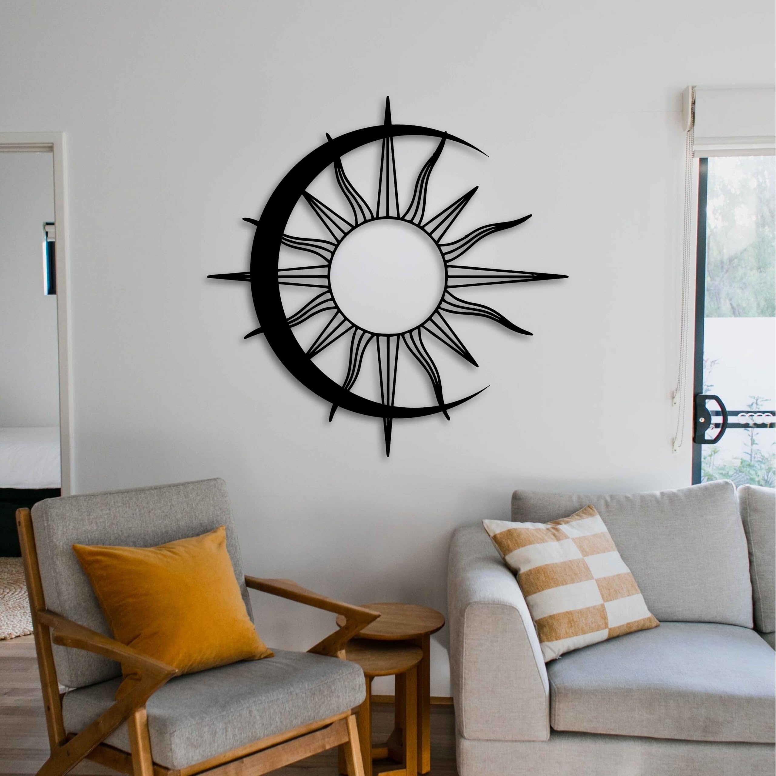 KAWA METALWORKS Minimalistische Wandkunst aus Metall mit Sonne und Mond, modernes Boho-Dekor für Schlafzimmer, Wohnzimmer oder Büro, ästhetisch, zeitgenössisch, einzigartiges Geschenk für Zuhause