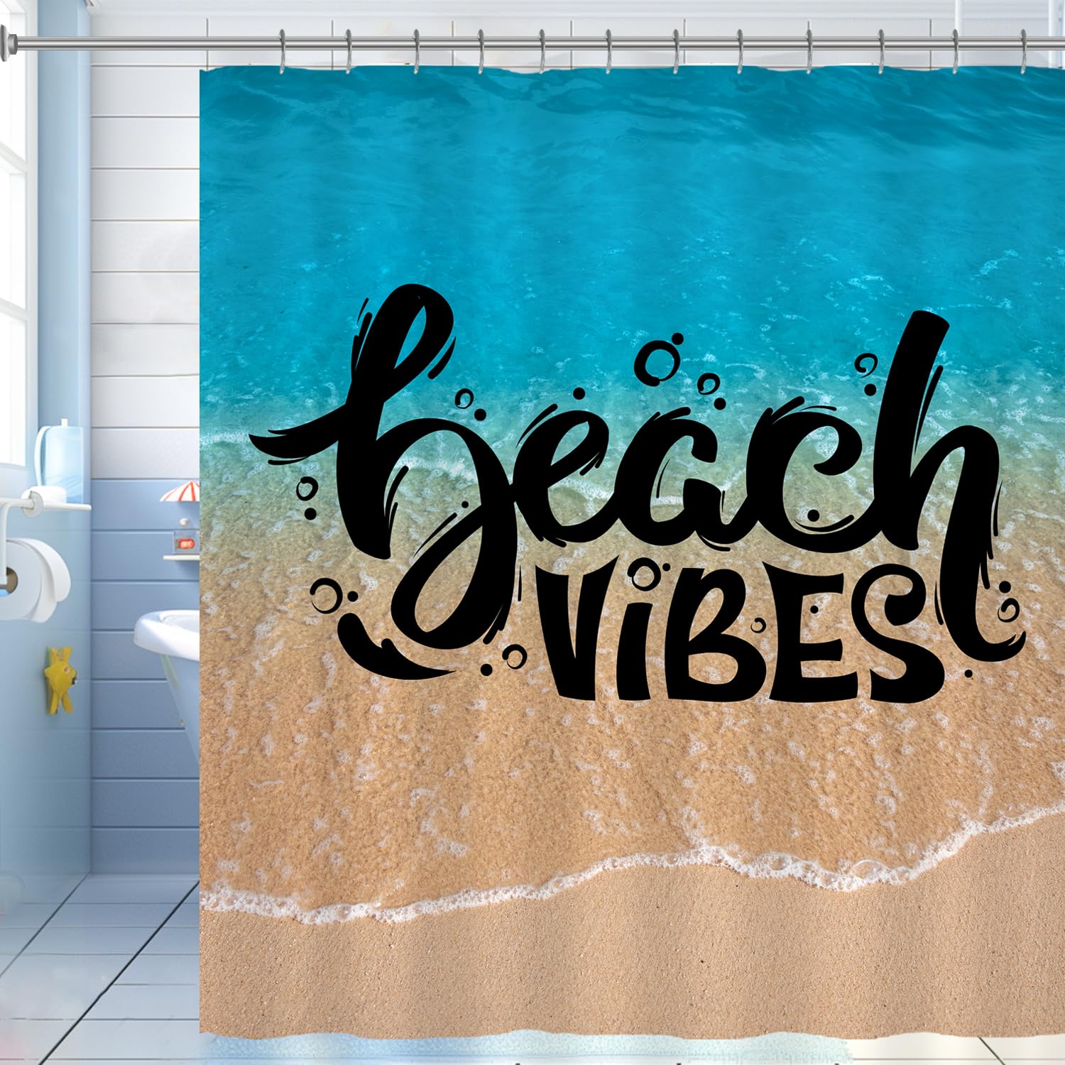 Longan Craft Coastal Beach Shower Curtain Beach Vibes Teal Sea Shower Curtain for Bathroom 72x72 Inch Waterproof Fabric Bathroom Curtain with 12 Hooks Ocean Seafoam Bath Curtain Bathtub Decor