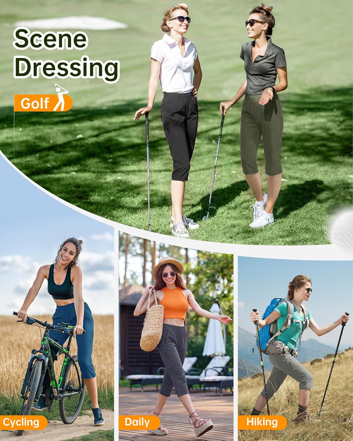 33,000ft Women's Golf Capri Pants with Pockets Hiking Joggers Casual Quick Dry UPF 50+ Lightweight Stretch Cargo