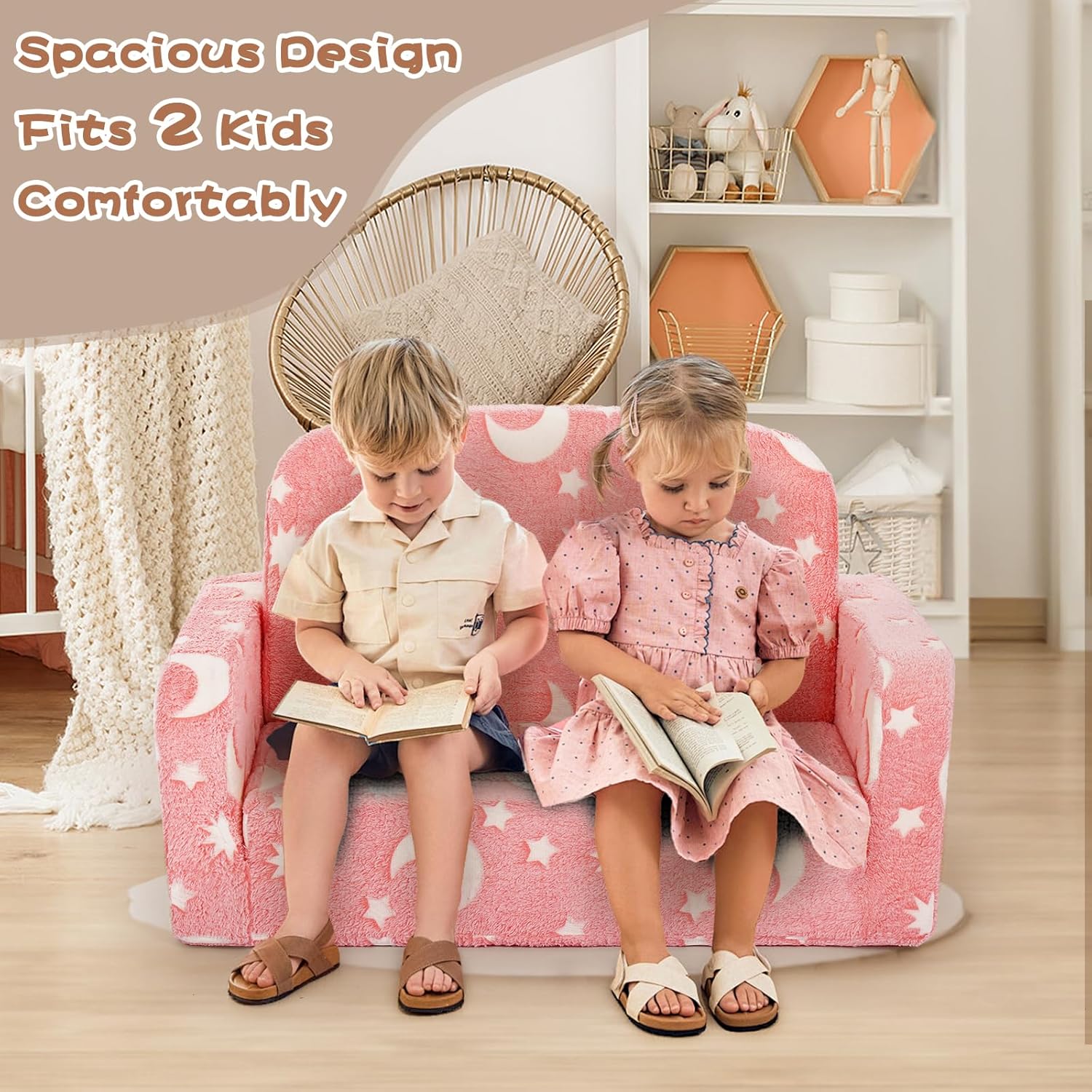 Extra Wide Kids Couch, Kids Sofa, Toddler Sofa, Glow in The Dark, 2-in-1 Soft Toddler Couch with Blanket and Pillow, Moon Style, Pink - Image 3