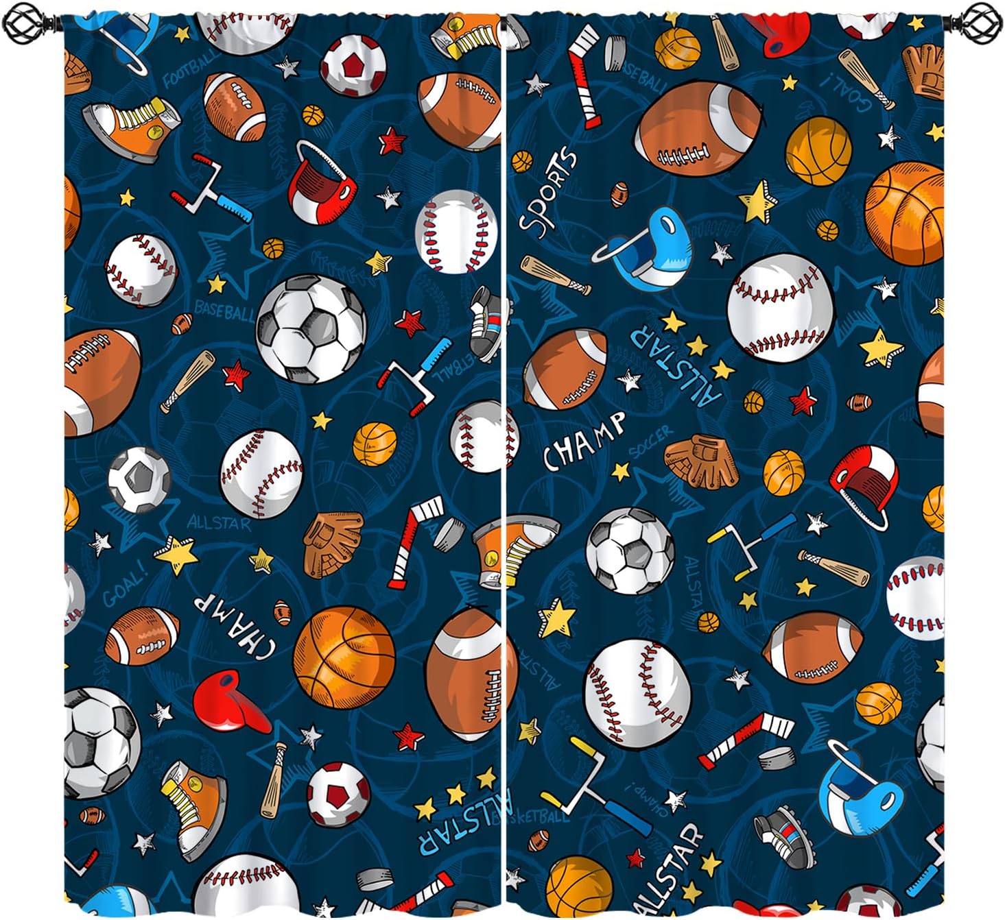 Basketball Curtains, Baseball Football Rugby Window Treatments for Kids Boys Girls Teens Ball Sports Themed Window Curtains for Bedroom Living Room 42" W X 63" L