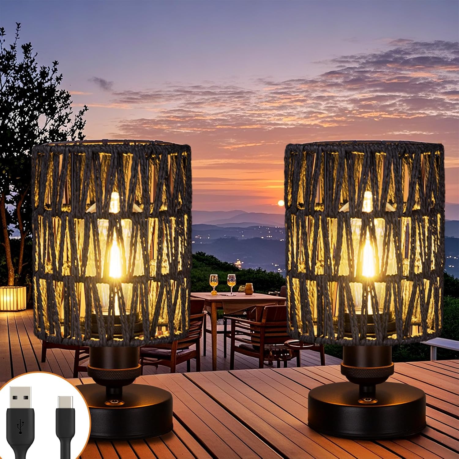 Cordless Rechargeable Outdoor Table Lamps, Battery Operated Table Lamp, Stepless Dimmable for Patio, Living Room, and Bedroom (Bulb Included) - Set of 2 (Beige)