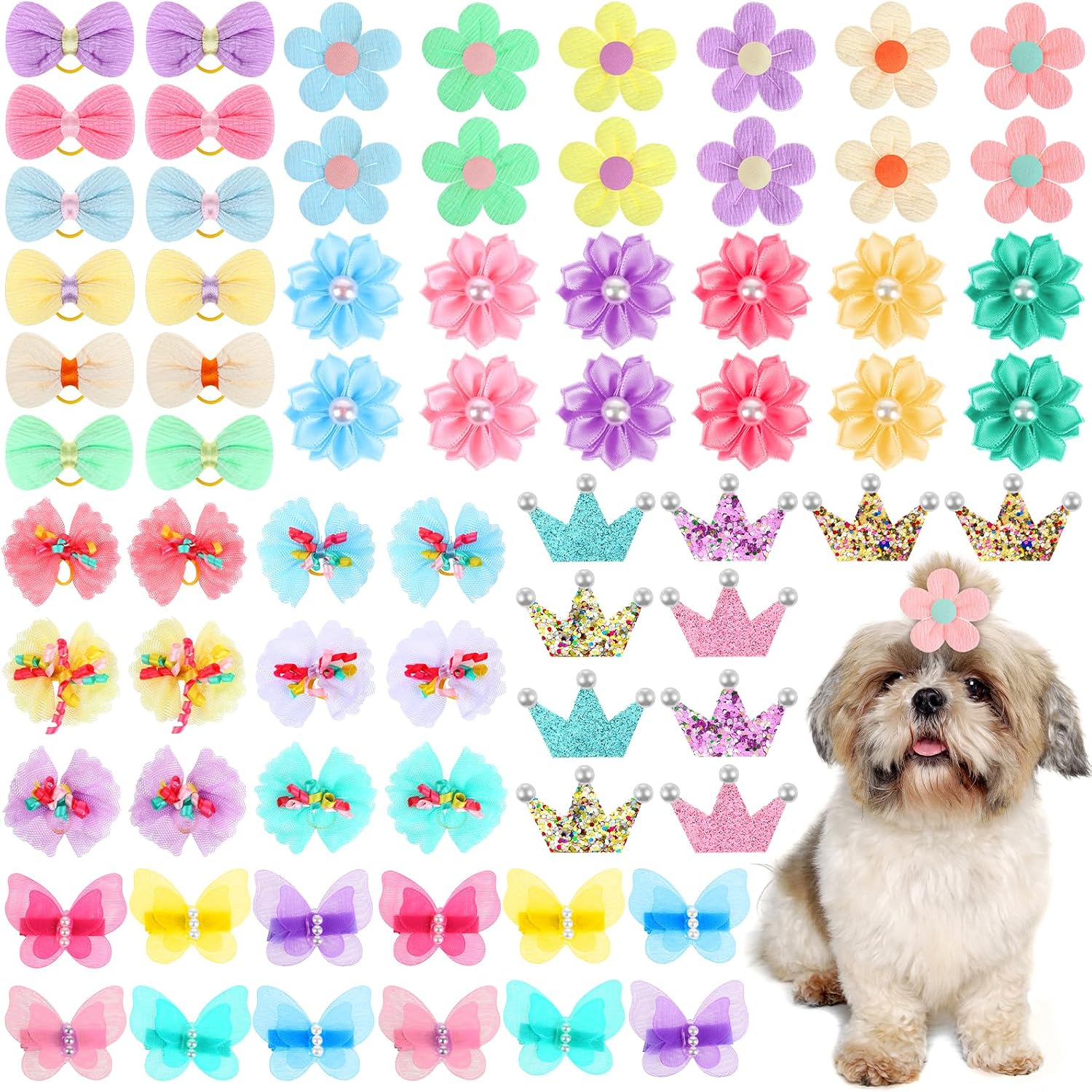 70 Pcs Dog Hair Bows, Flower Butterfly Crown Pearl Pet Clips