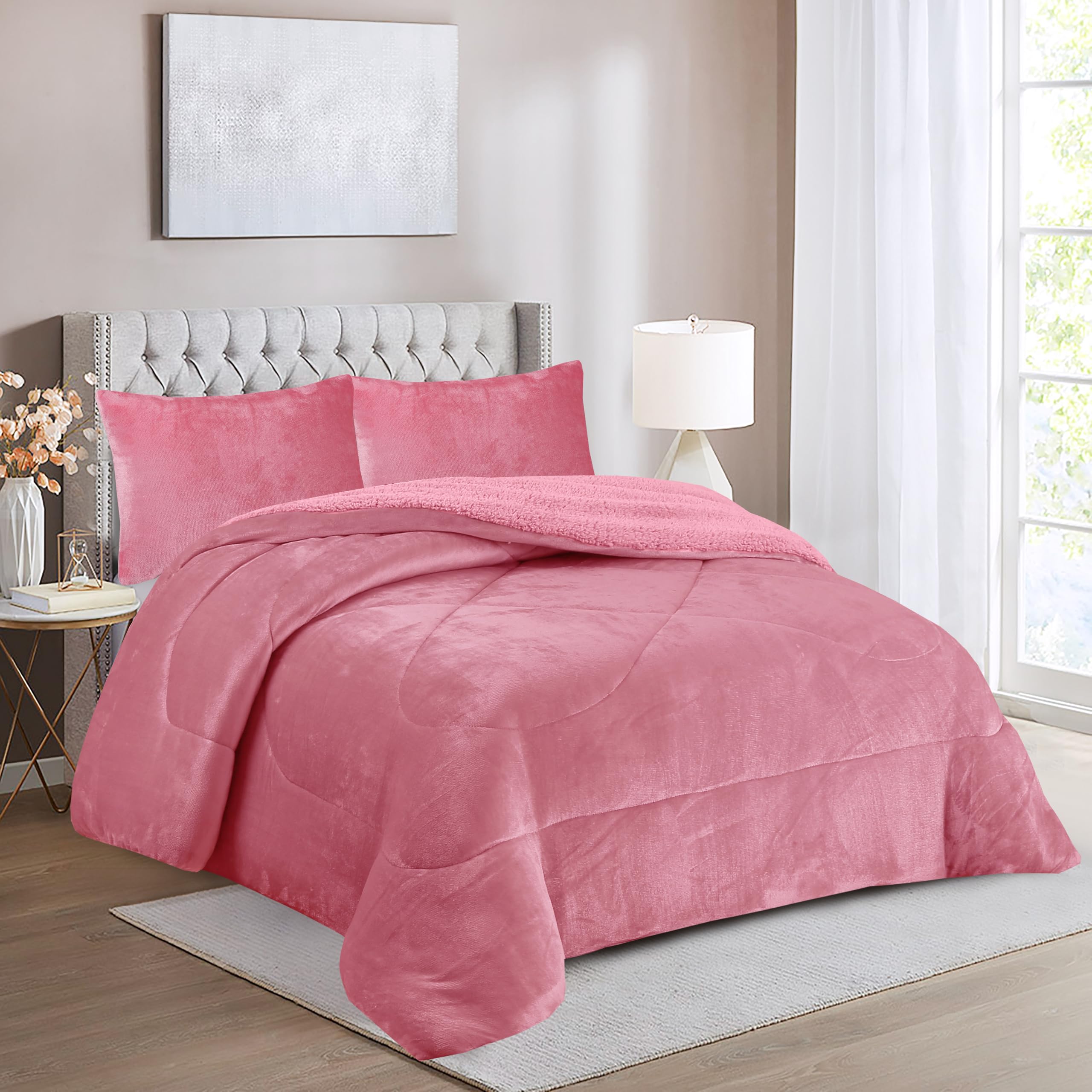 HaraDeco Manta Sherpa con Fundas Almohada, Edredón Borrego Manta Borreguito Terciopelo Gruesa Abriga para Tiempo Fría (Liso Rosa, 160x220cm)