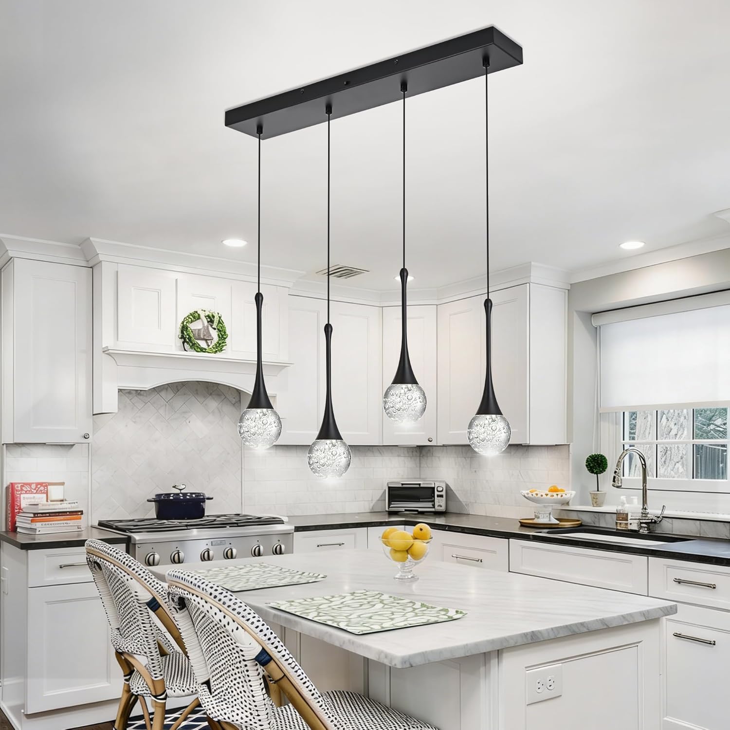 VINLUZ 4-Light Modern Crystal Black Chandelier, Dimmable LED Bubble Raindrop Rectangle Pendant Lighting Fixture, Luxury Elegant Adjustable Spiral Ceiling Light for Staircase Foyer Entryway