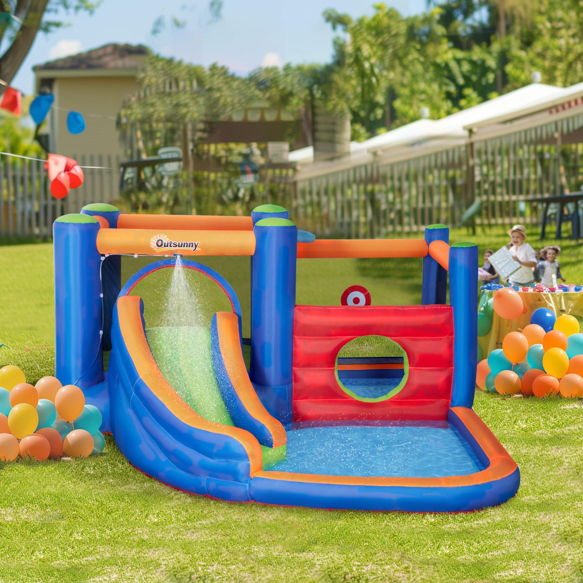 Outsunny Aufblasbare Hüpfburg Wasserpark mit Gebläse Hüpfburg mit Wasserrutsche Basketballkorb Aufblasbare Wasserspielcenter für Kinder ab 3 Jahren Trampolin Pool 380 x 340 x 170 cm