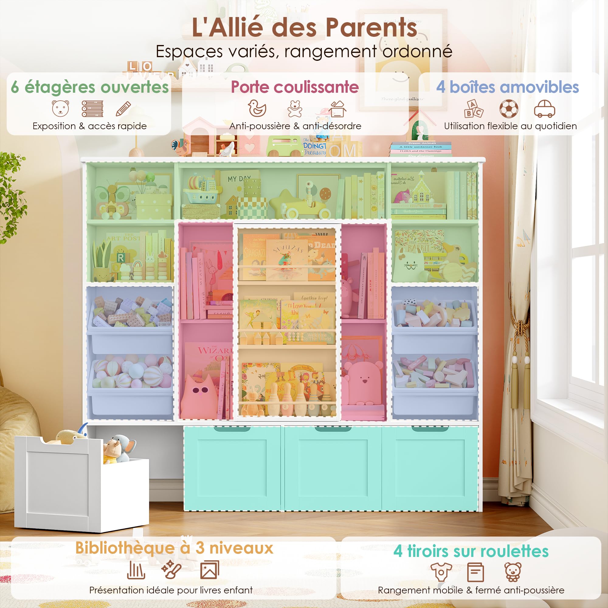 FOREHILL Meuble Rangement Enfant, Porte Coulissante, Bac Plastique Amovible
