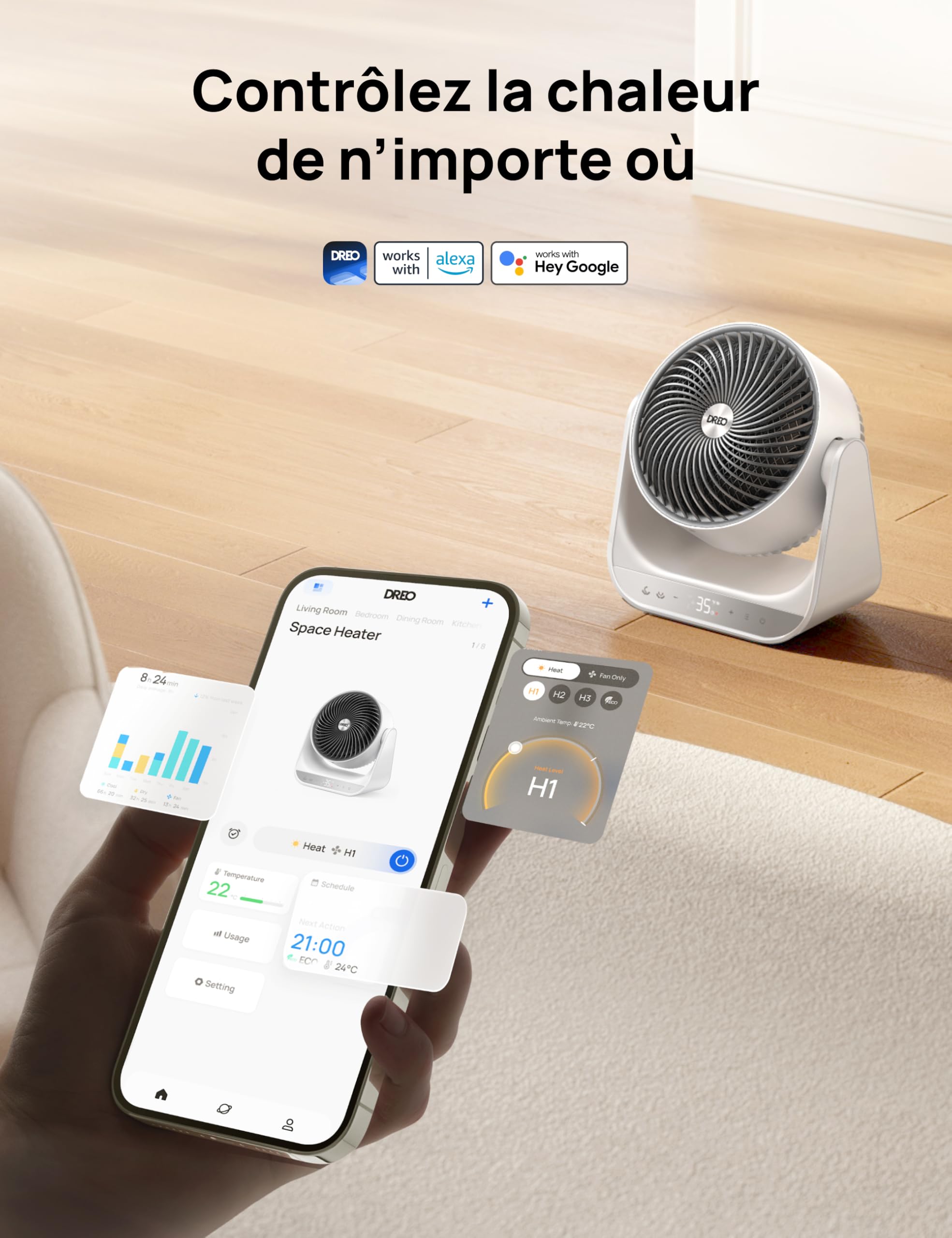 Dreo Chauffage électrique intérieur 2000W avec télécommande et thermostat, 7 modes, protection contre la surchauffe et le basculement, chauffage portable pour toute la pièce, blanc, appareil 714S