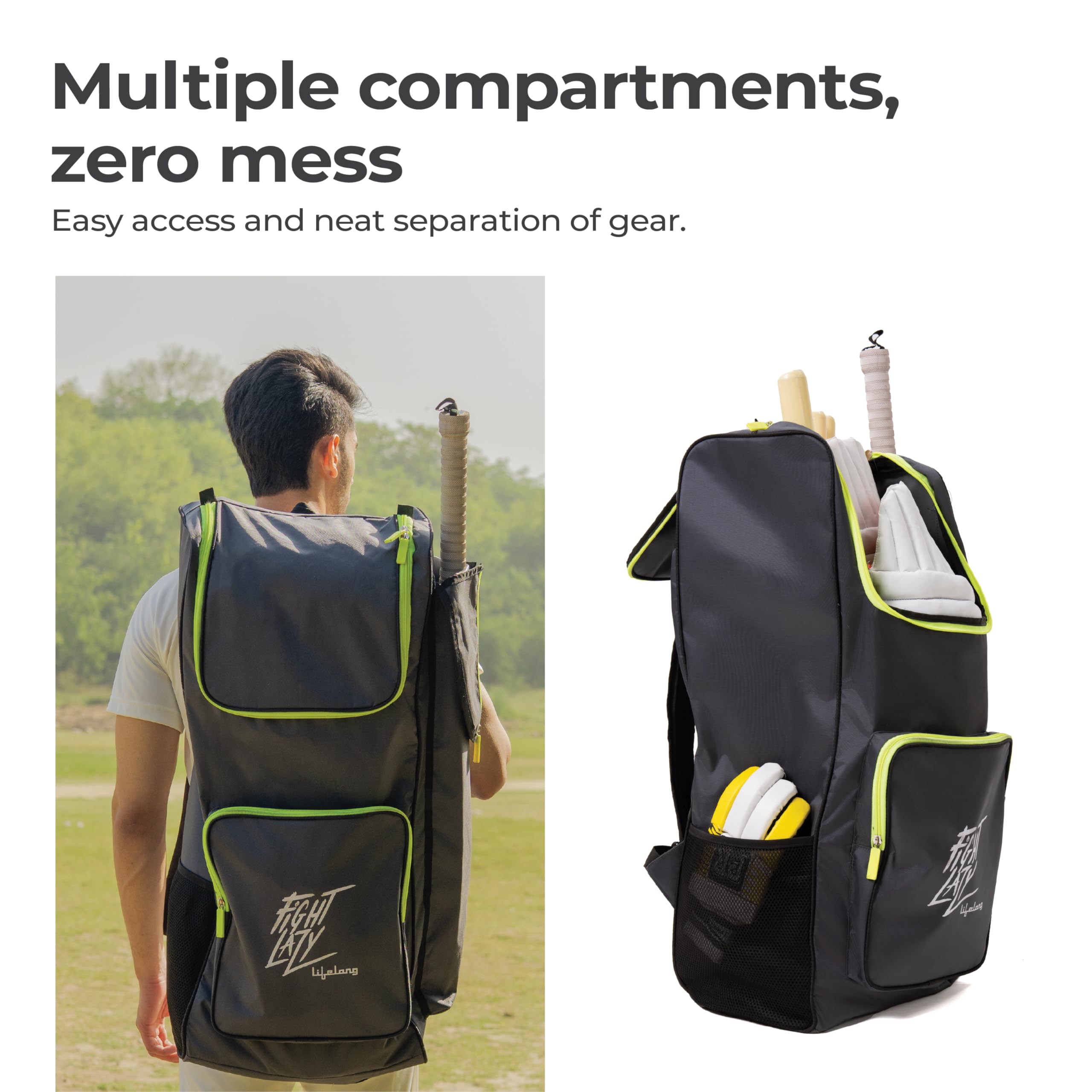Lifelong Cricket Kit Bag | Dedicated Bat Pocket | Durable Polyester Construction | Adjustable Shoulder Straps | Water-Resistant Design | Stylish Cricket Bag for Cricketers (Grey) 4