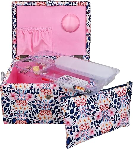 Miniatura 8 de SINGER Cesta de costura grande de alta calidad, estampado de animales tropicales con kit de costura de viaje de emergencia y bolsa con cremallera a