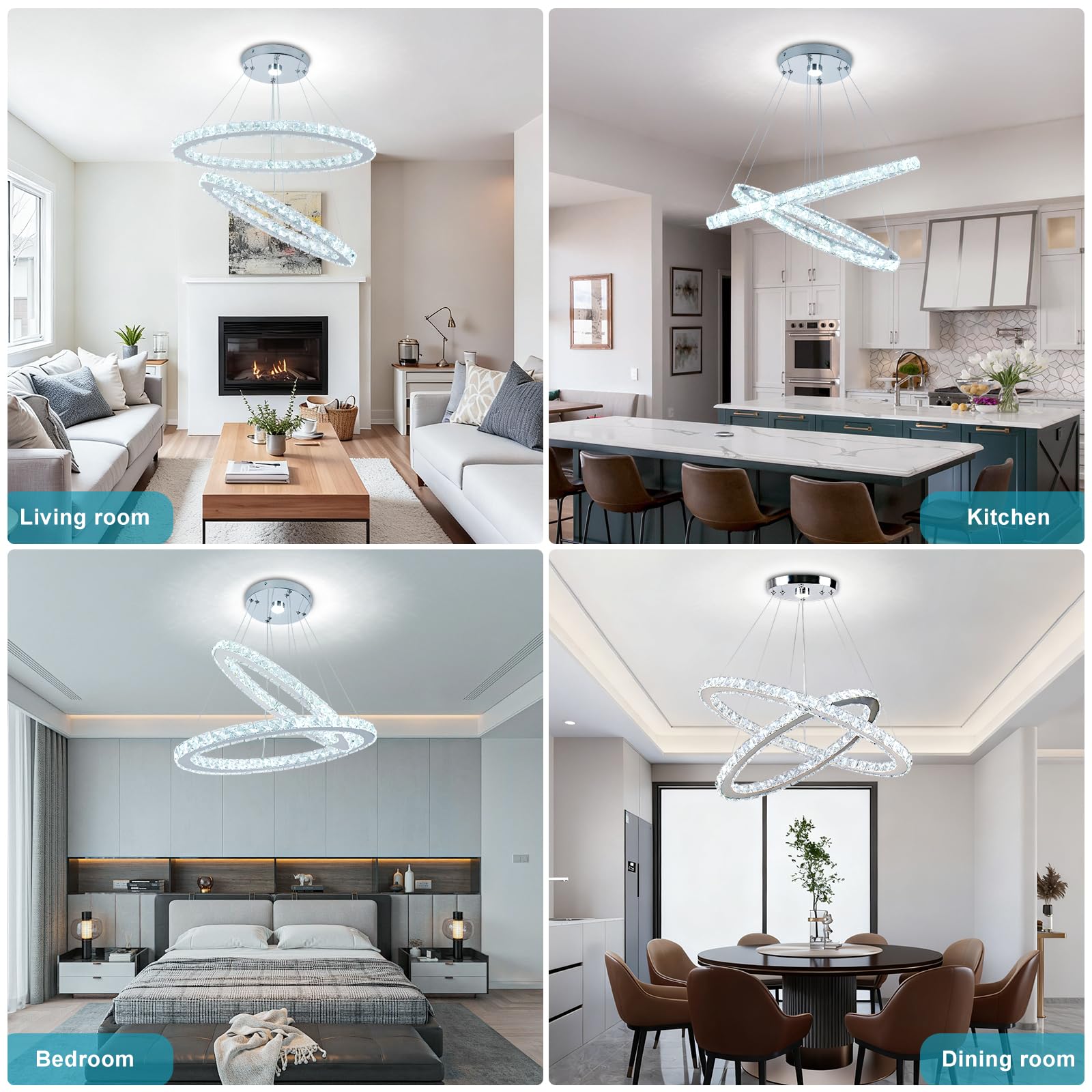 Lampadario Ovale in Cristallo da 60 cm, Lampada a Sospensione LED a 2 Anelli Bianca Fredda Illuminazione per Soffitto per Isola Cucina Sala da Pranzo Soggiorno e Camera da Letto