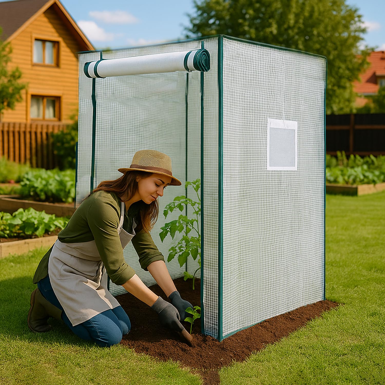 Serra circolare con struttura rinforzata in tubi di acciaio zincato e copertura PE rinforzata | Porta con cerniera | Resistente ai raggi UV e al vento (Bianco, 1,98x0,77x1,68m.)
