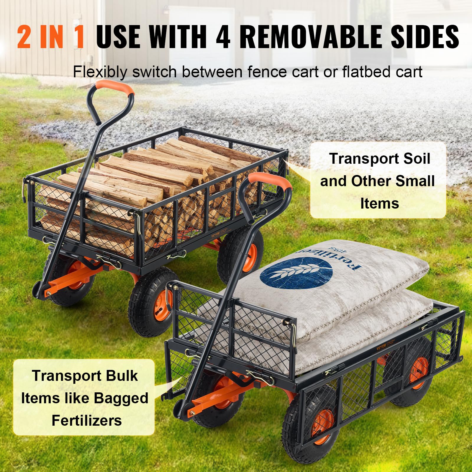 VEVOR Gartenkarre, Gartenwagen aus Metall mit einfach zu montierendem Rahmen, kippbarer Bollerwagen mit umwandelbarem 2-in-1-Griff, Allzweckschubkarre mit 400 kg Tragfähigkeit, 25,4 cm Reifen