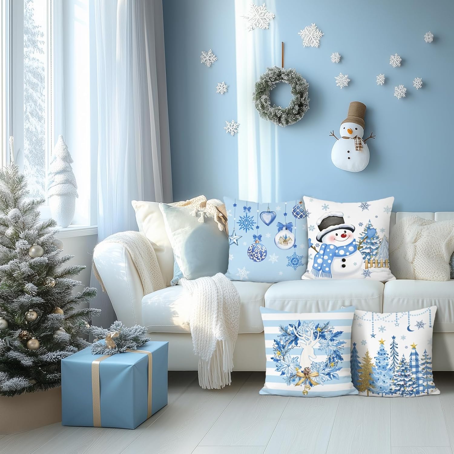 Winter Snowman Throw Pillow Covers, Blue Xmas Tree Reindeer Wreath Christmas Velvety Decorative Pillowcases for Sofa Bed Home Patio Set of 4, 18 x 18 Inches - Image 3