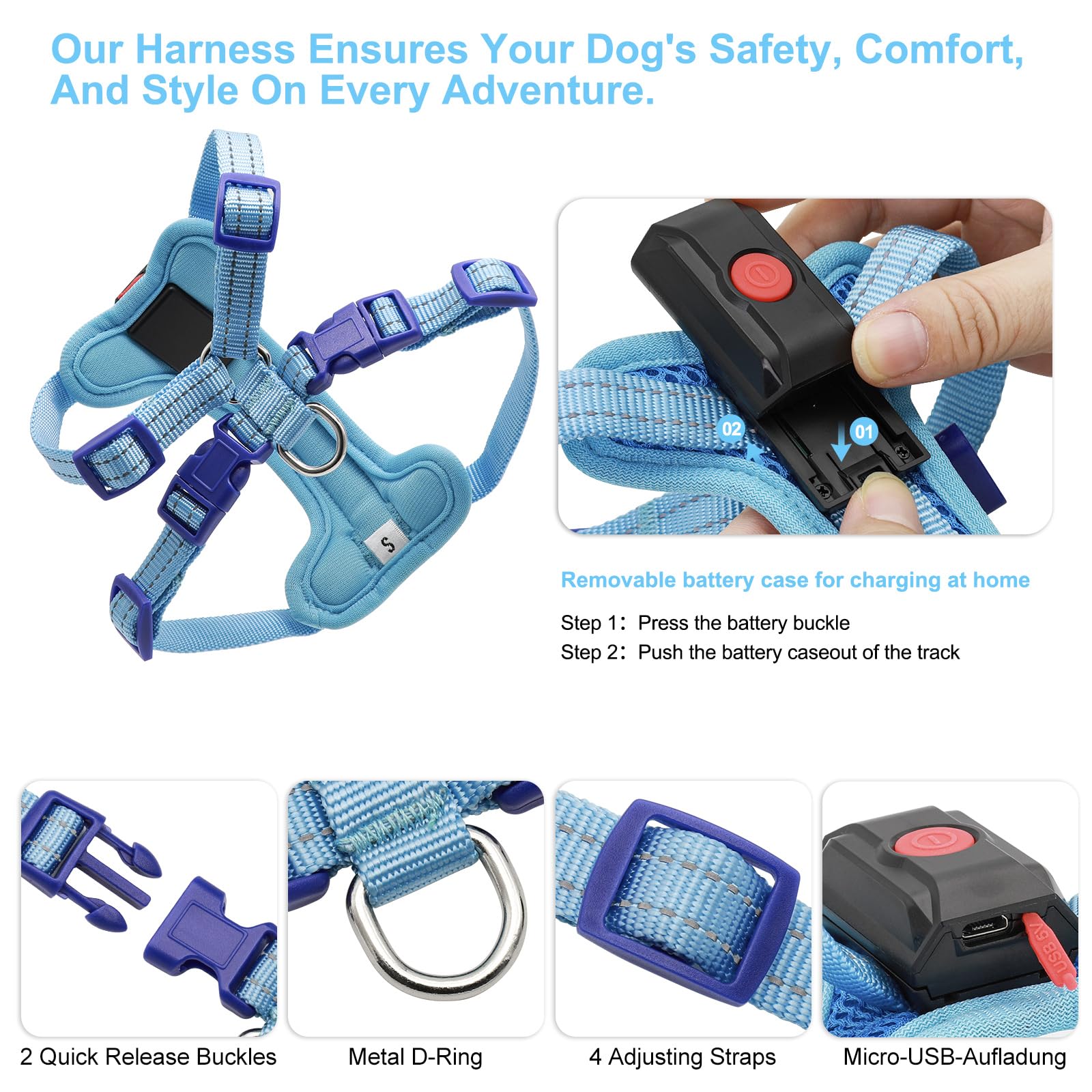 Arnés iluminado para perros pequeños recargable, arnés de chaleco LED para perro, arnés ajustable iluminado que brilla en la oscuridad, para cachorros, seguridad nocturna, caminar,
