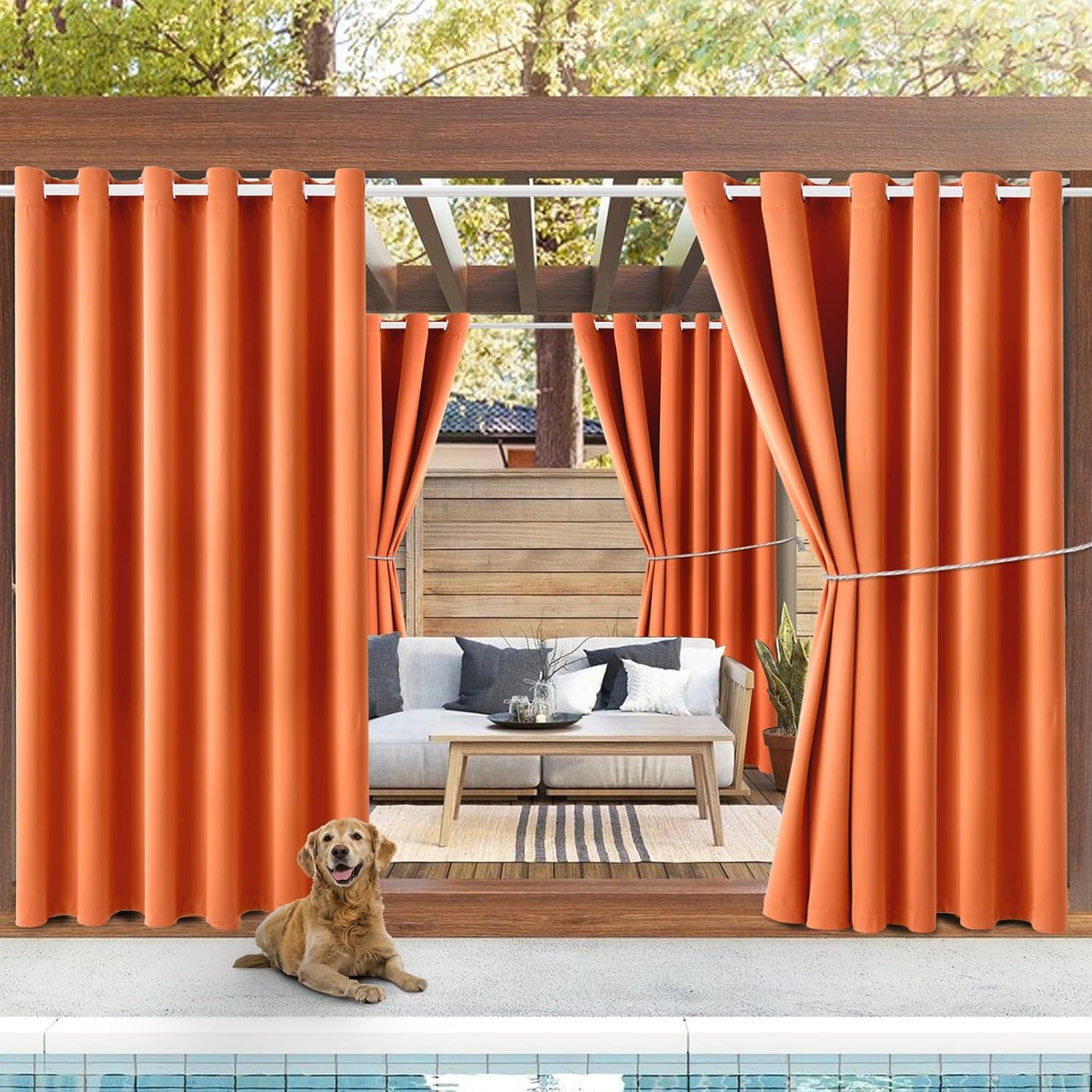 Waterproof Outdoor Curtain W84 x L84 - Grommet Top Sunlight Blocking Window Treatment Drapes Blackout Curtains for Home Bedroom Living Room Outdoor Patio Porch Gazebo (Orange, 2 Panels)