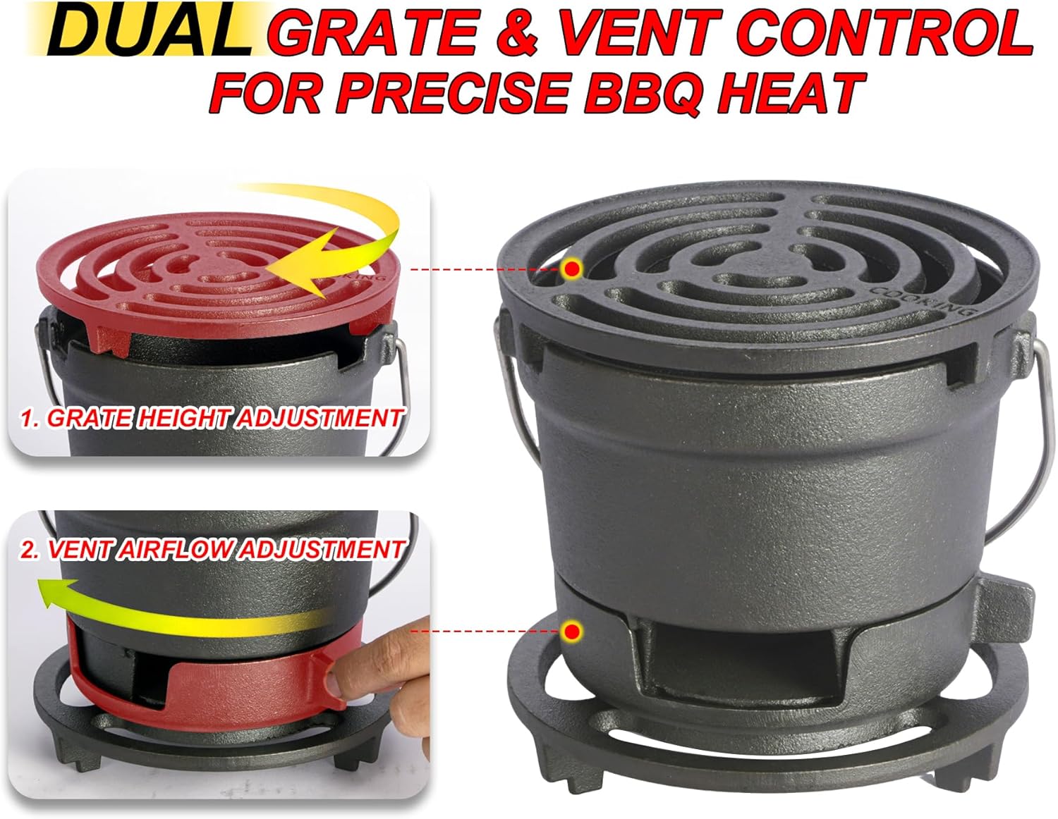 2-in-1 Hibachi Grill Outdoor, Pre-Seasoned Cast Iron, Tabletop MINI Portable Charcoal Grill for Camping - w/Draft Door, 2PCS Grates 6.3"