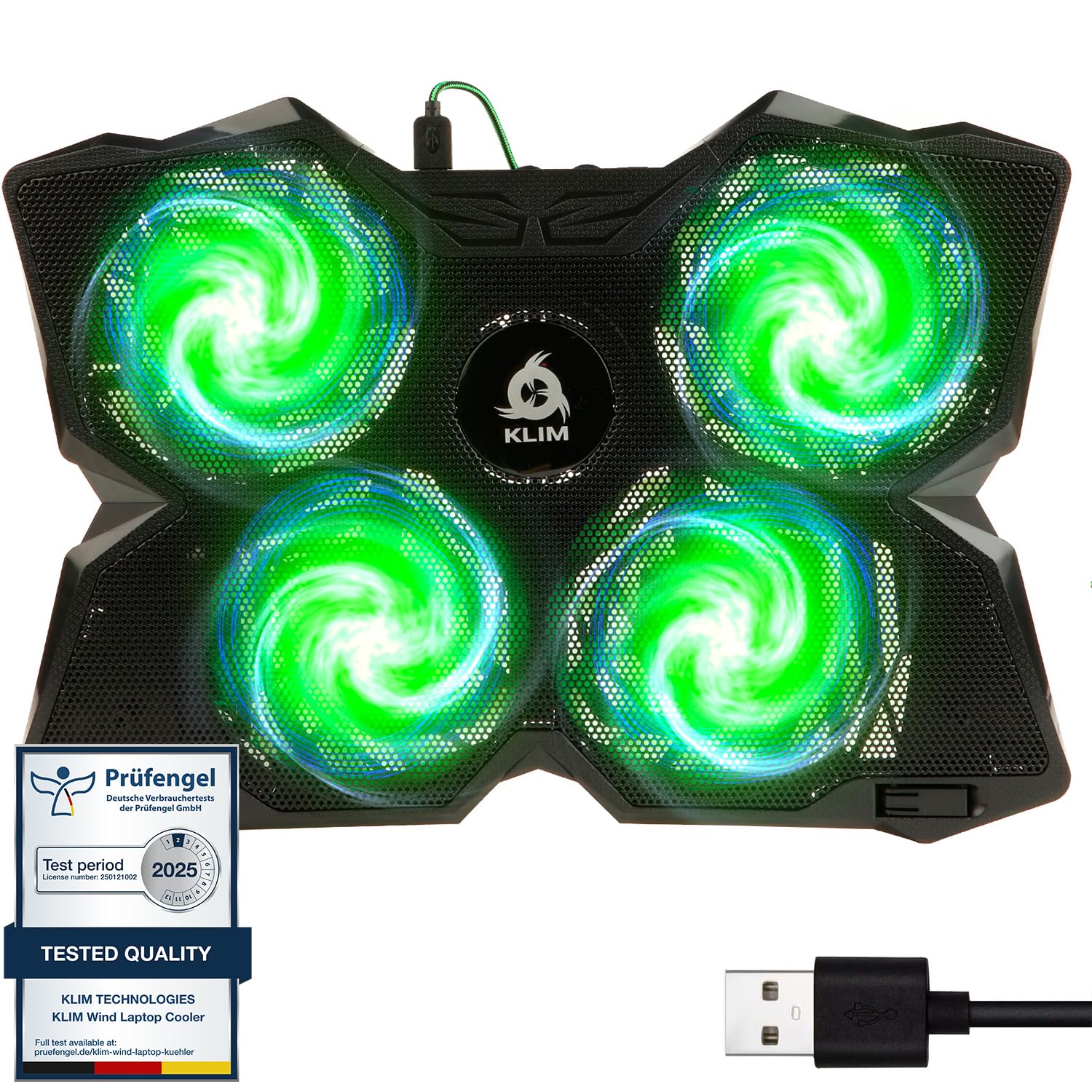 KLIM Wind Laptop Cooling Pad - Support 11 to 17 Inch Laptops, PS4-4 Fans - Light, Quiet, Powerful Cooling - Gamer USB Slim Portable Laptop Stand - New 2021 Version - Green