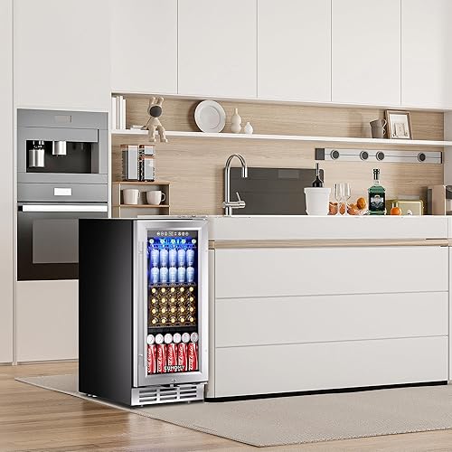 Miniatura 7 de EUHOMY 15 Inch Beverage Refrigerator Cooler Under Counter 127 Cans Beverage Fridge Built-in or Freestanding with Glass Door, LED Light, Beer Fridge