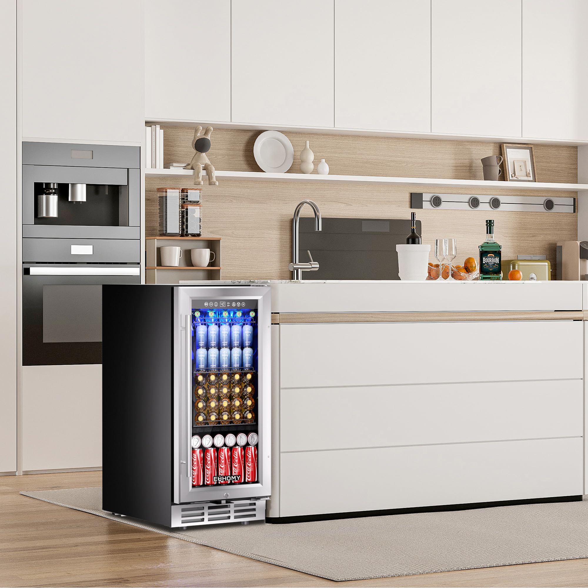 EUHOMY 15 Inch Beverage Refrigerator Cooler Under Counter 127 Cans Beverage Fridge Built-in or Freestanding with Glass Door, LED Light, Beer Fridge for Soda, Water, Wine - Home Kitchen Bar.