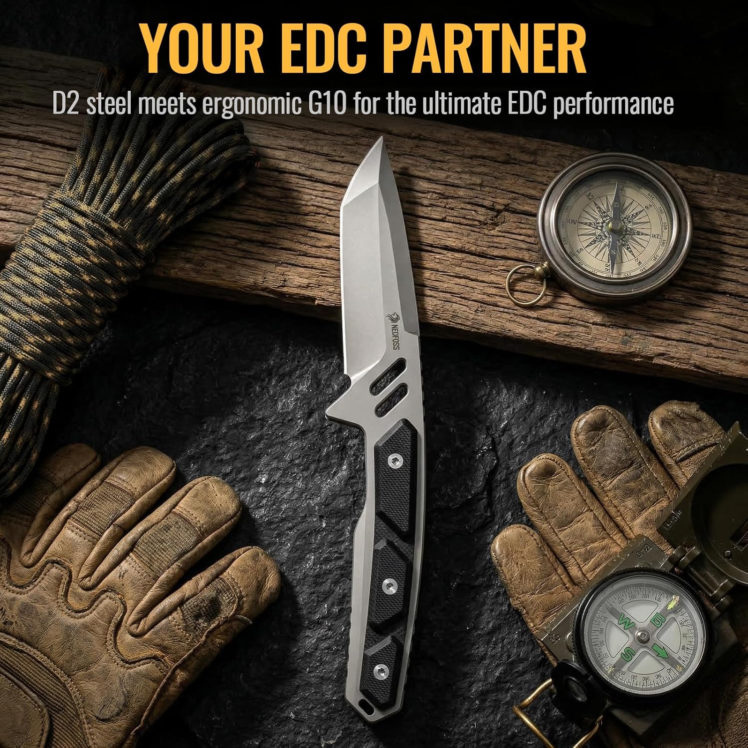 NedFoss BULWARK Tanto EDC Fixed Blade Knife, 3.2" D2 Steel Blade Full Tang Tactical Knife with G10 Handle, Kydex Sheath, Belt Clip, Horizontal/Vertical Carry, Small Survival Knife for Camping