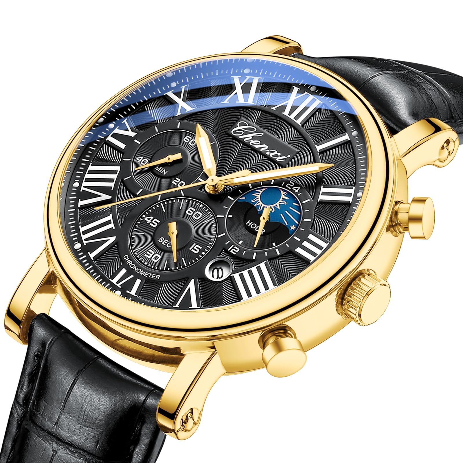 FANMIS Men's Classic Multifunctional Military Sports Analog Watch Business Dress Waterproof Luminous Chronograph Starry Sky Moon Phase Leather Wristwatch: X Gold Black