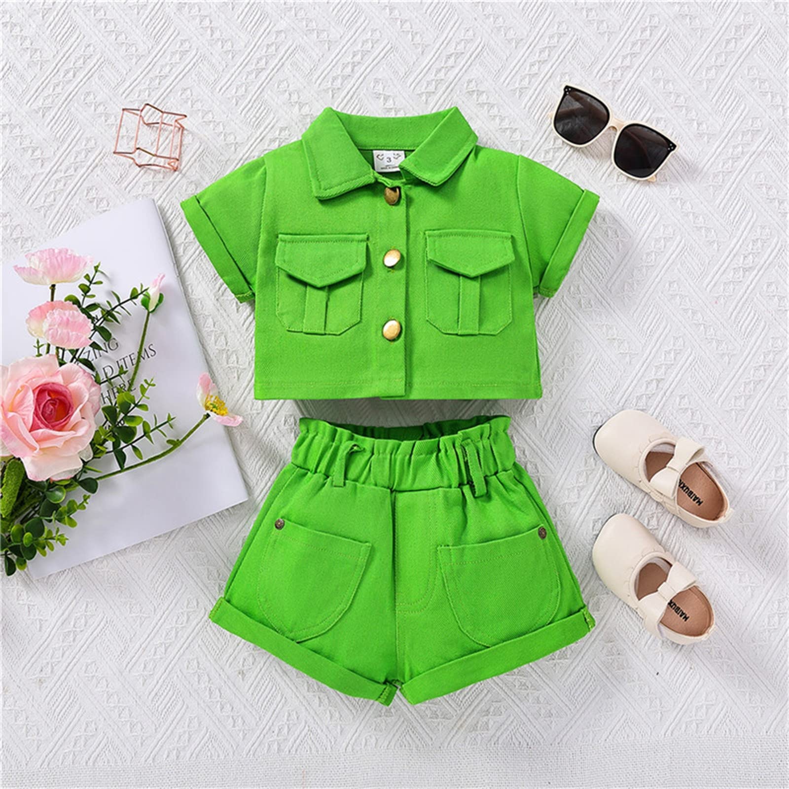 Nivne Tco Toddler Girl Clothes Set - Solid Color High Waisted Shorts