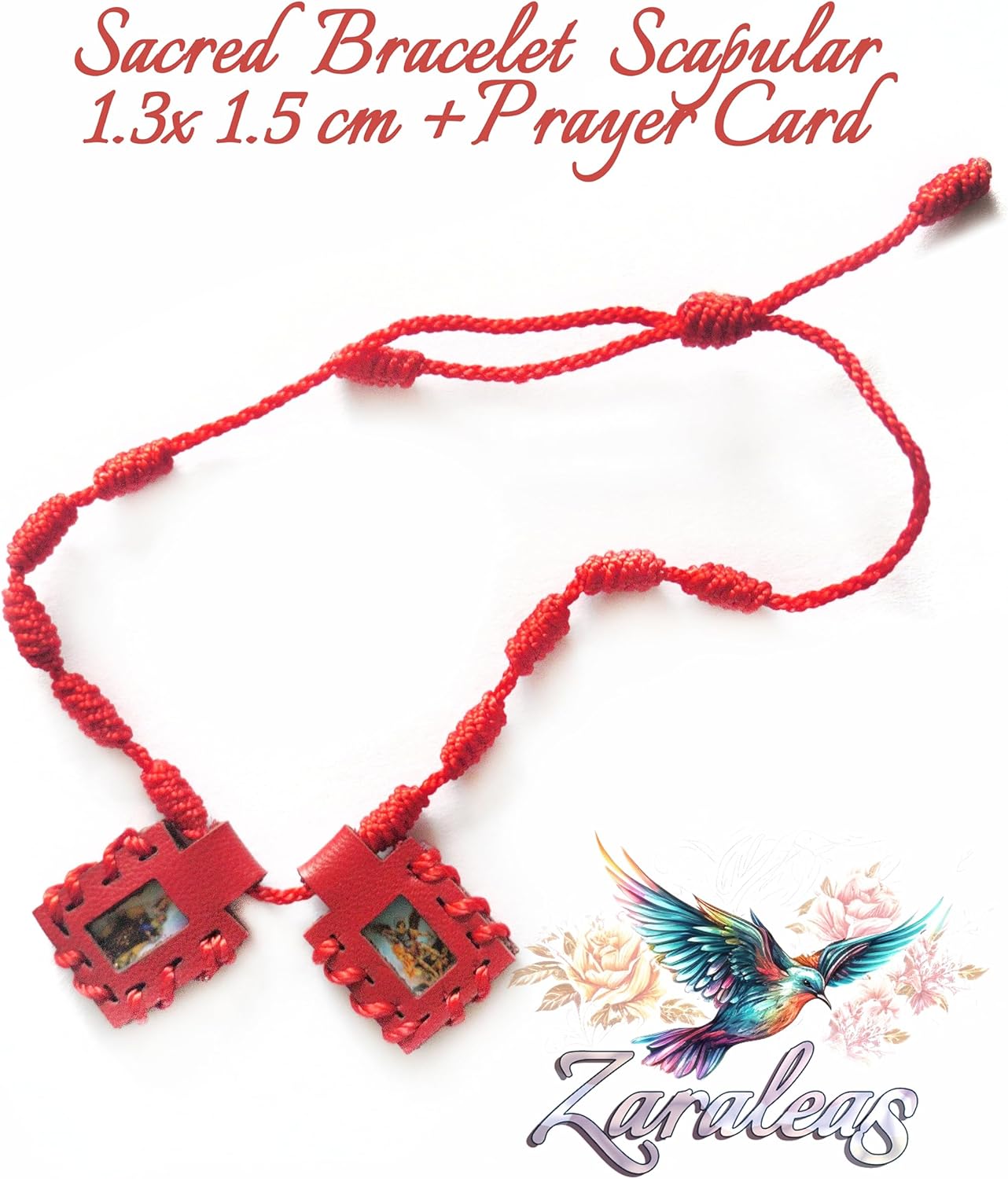 Sacred Catholic Scapular Bracelet Red Leather Handmade of Sacred Heart of Jesus, Sacred Virgin of Carmen, Sacred Virgin of Guadalupe and St. Michael Archangel. 1.3cm x 1.5cm by Zaraleas - Image 4