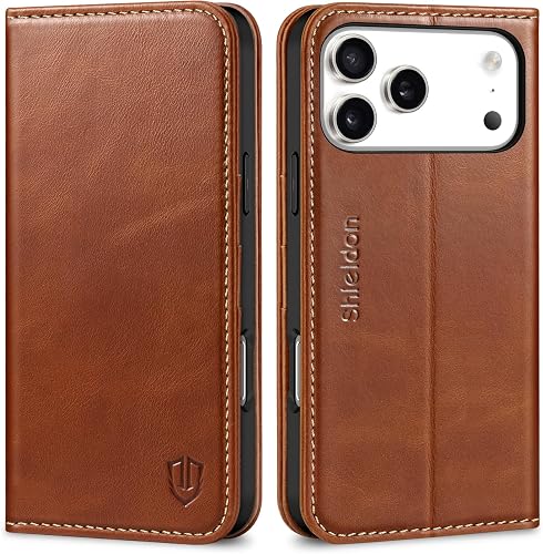 SHIELDON Leather Flip Case for iPhone 18 Pro Max/17 Pro Max, Retro Brown