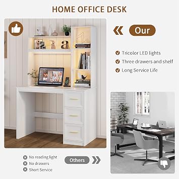 168cm Tall Study Desk with LED Lights and Smart Charging Station for study | Home Office Desk,Computer Desk with 3 Drawers,Storage Shelves,Study Workstation for Write 55 x 100 Cm for Bedroom,White
