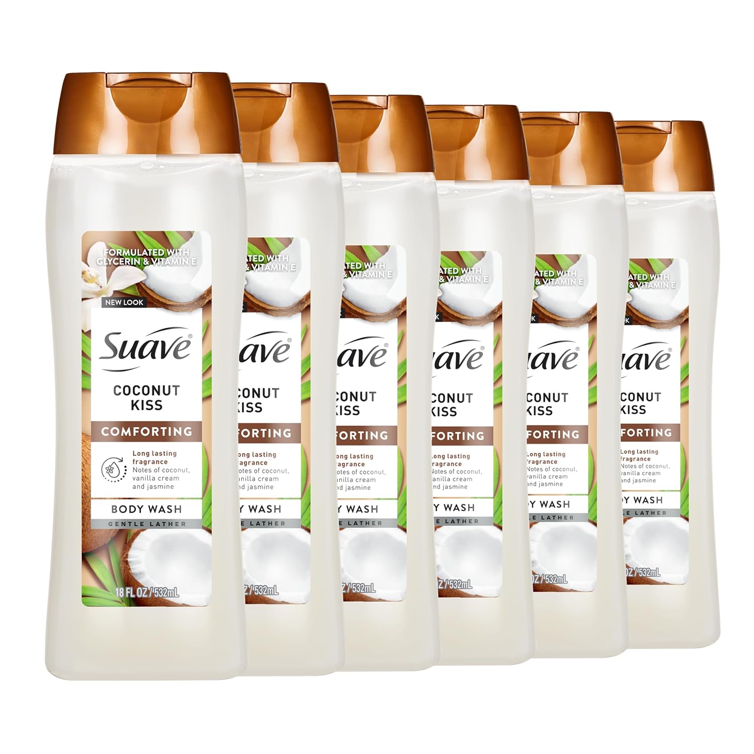 Suave Moisturizing Body Wash Women, Coconut Kiss with Vitamin E and Aloe Extracts, No Parabens, No Phthalates, 18 Oz (Pack of 6)