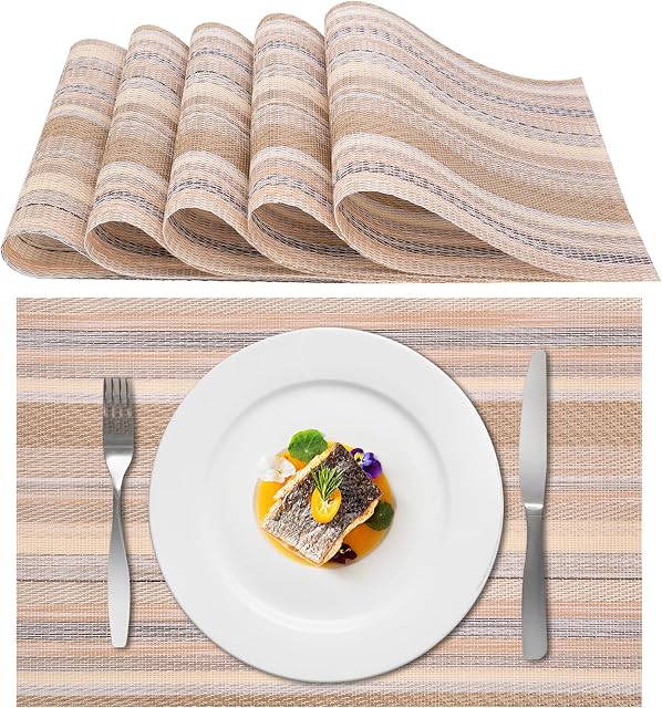 VINILITE PVC Woven Placemat Sets of 6, Washable Heat Resistant Non-Slip Table Placemats for Kitchen Restaurant Dinner Home Decor, Gift Package, 45 x 30cm, Golden Stripes