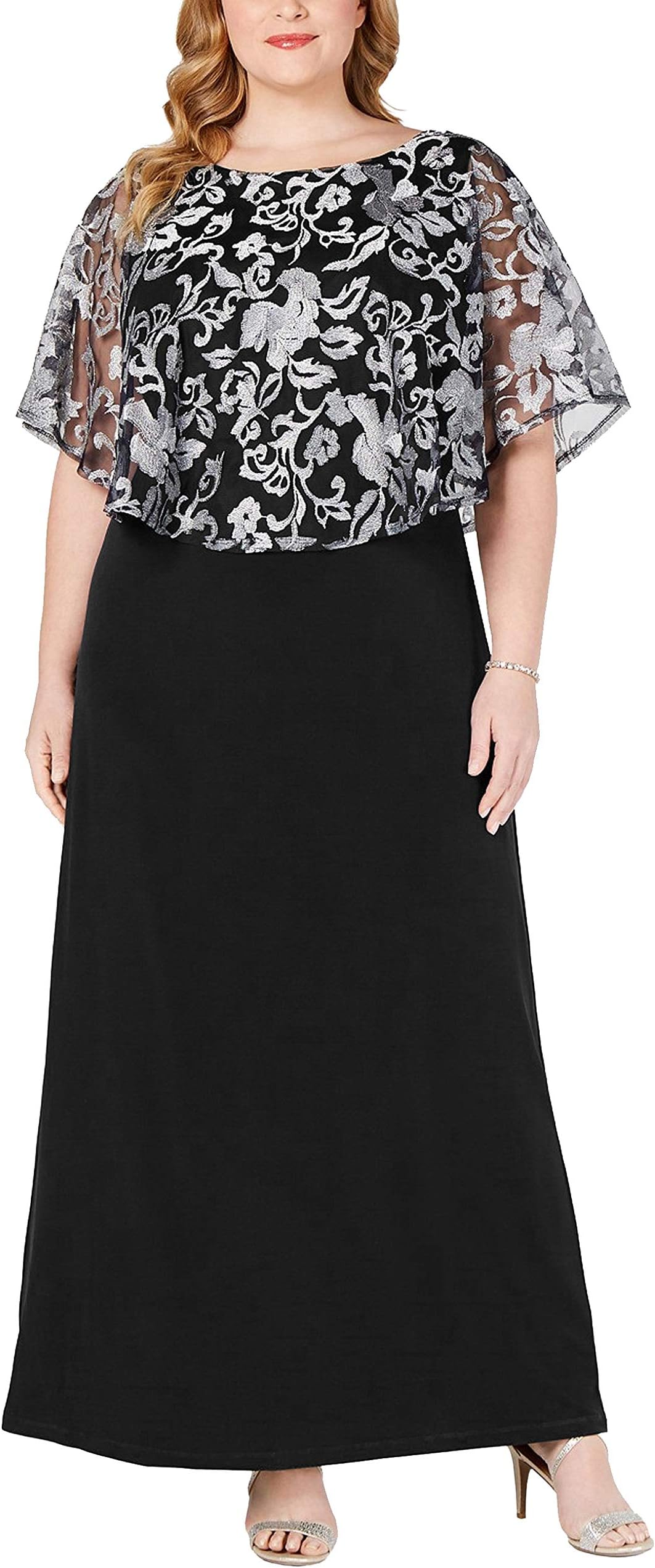 Women's Plus Size Embroidered Capelet Maxi Dress Mesh Lace Evening Gown Elegant