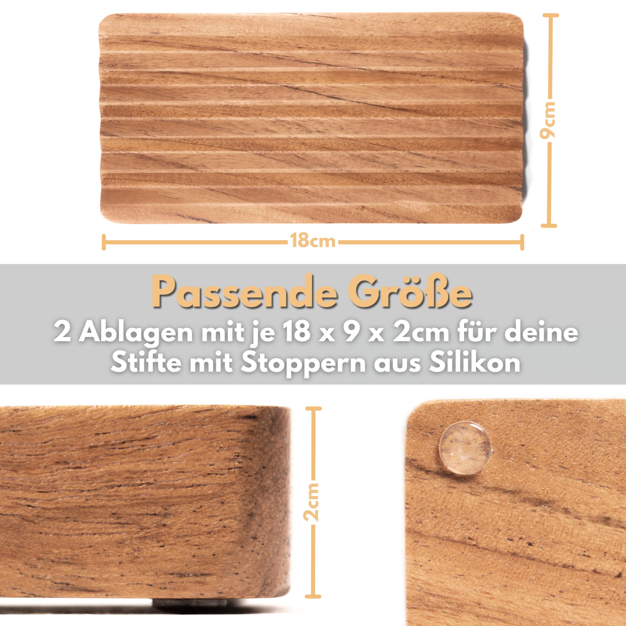 Juego de 2 bandejas de madera de acacia para bolígrafos, 18 x 9 cm, hechas a mano, rústicas, marrones, rectangulares, antideslizantes, para escritorio, utensilios de escritura