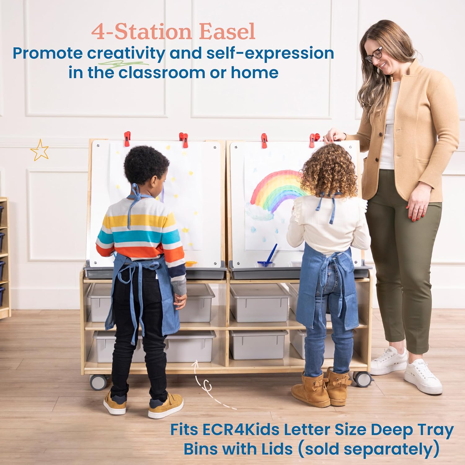 ECR4Kids 4-Station Double-Sided Mobile Art Easel with Storage and Clips, Classroom Supplies, Natural