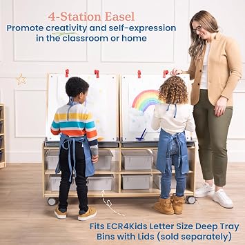 ECR4Kids 4-Station Double-Sided Mobile Easel with Storage & Clips, Natural