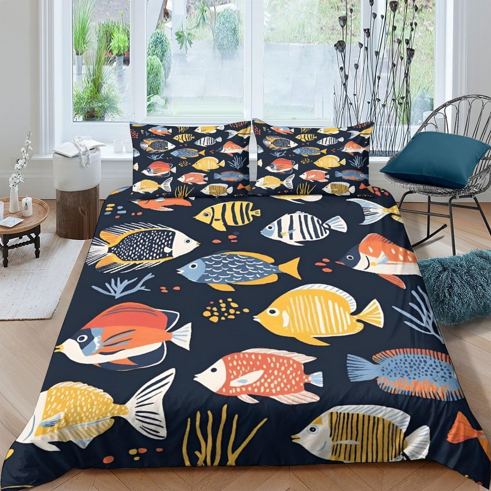 GPLZQXKJNH 3D Printed Colorful Fish Duvet Cover Set Microfiber Soft Marine Ocean Bedding Set with 2 Pillowcases for Bedroom Apartment Single（135x200cm）