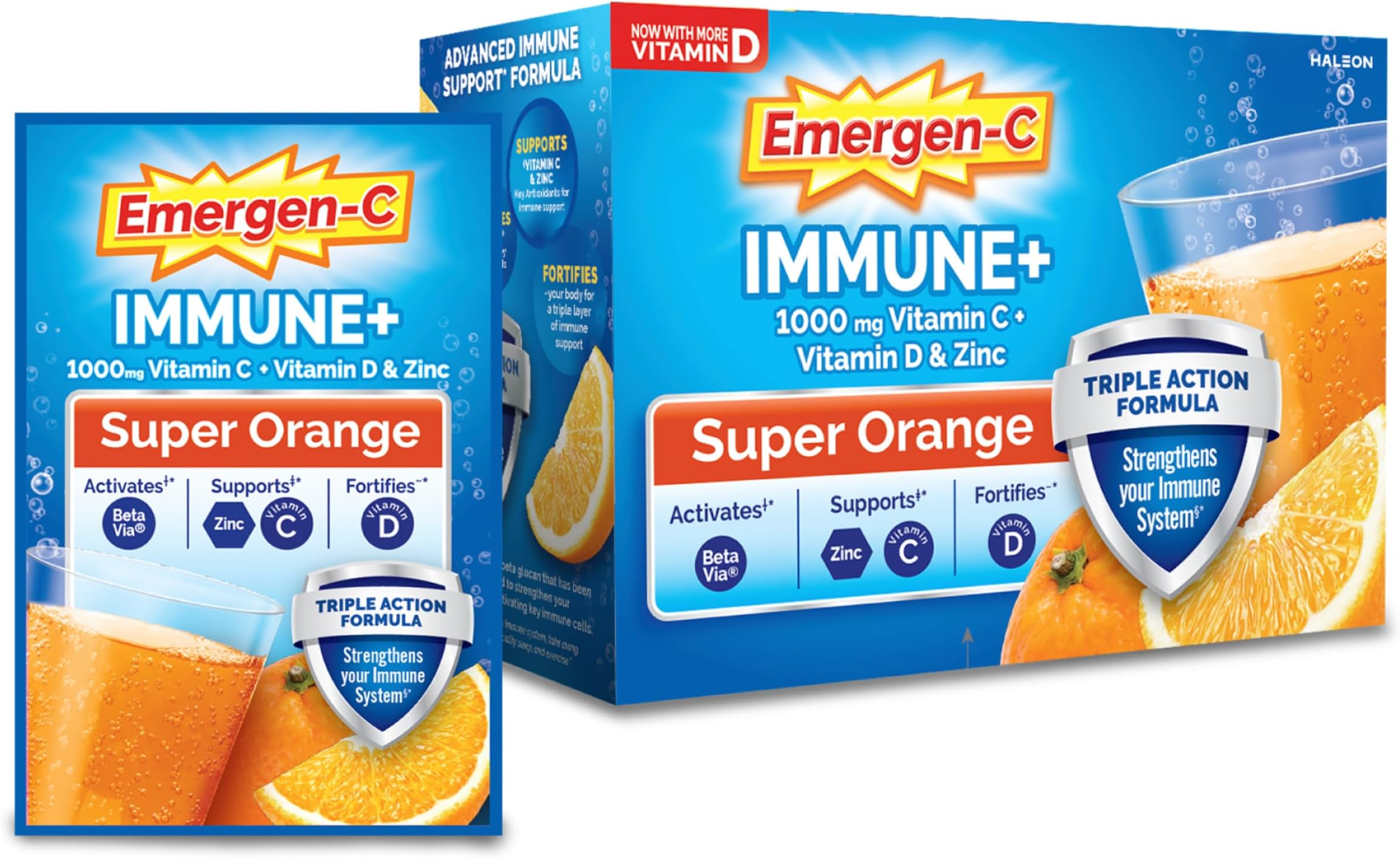 Immune+ 1000mg Vitamin C Powder, with Vitamin D, Zinc, Antioxidants and Electrolytes for Immunity, Immune Support Dietary Supplement, Super Orange Flavor - 30 Count/1 Month Supply