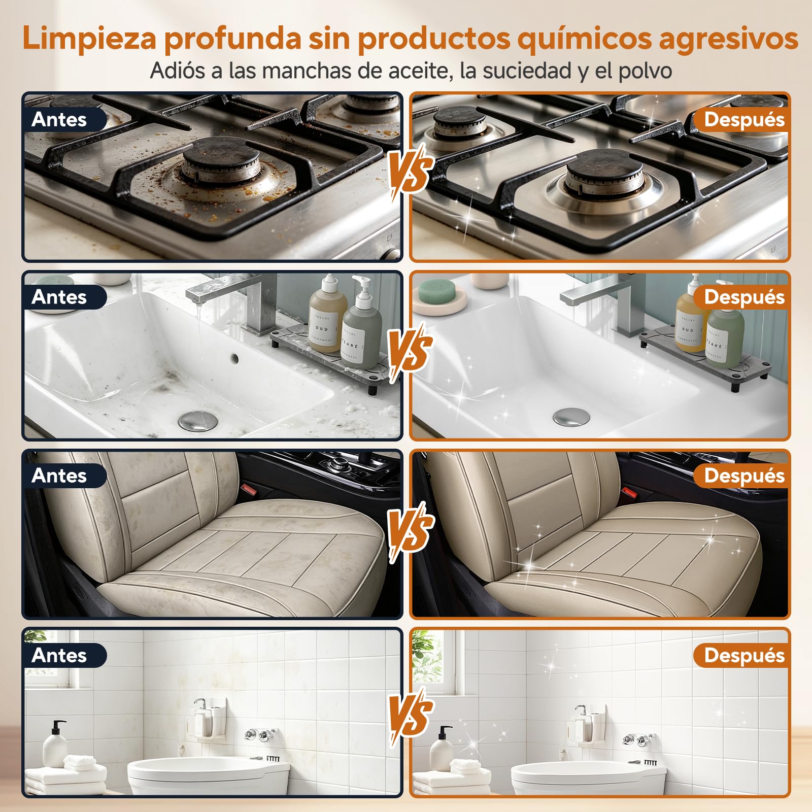Vaporeta Limpieza Hogar 105°C Alta Presión con Depósito Extraíble 1,5L | Calentamiento en 30s, 3 niveles de vapor y depósito extraíble de 1,5 L para limpiar cocina, baño, coche y tapicerías.