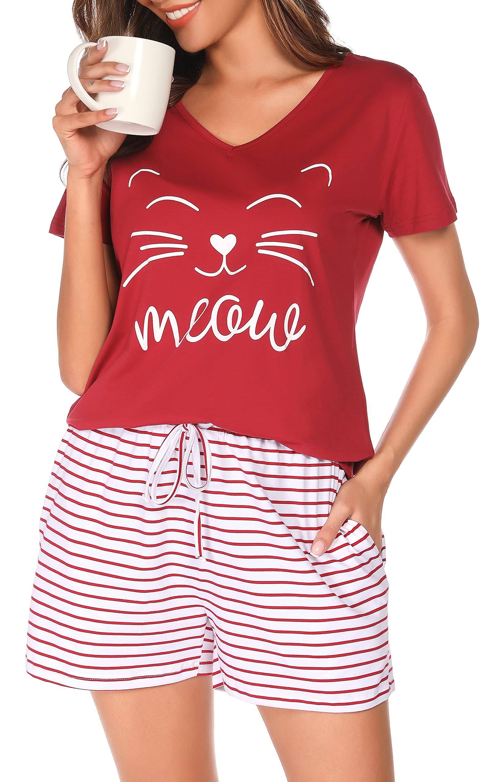 Lovasy Schlafanzug Damen Kurz Baumwolle Sommer Shorty Pyjama Damen Set Zweiteiler Kurzarm Schlafanzüge für Damen Loungewear Nachtwäsche