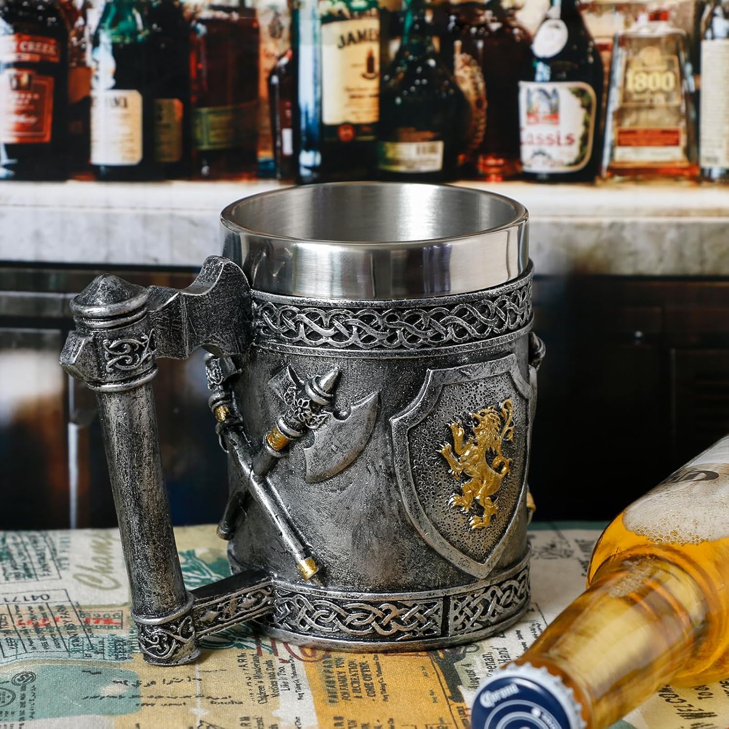 Medieval Viking Axes Mug Gifts for Men, English Gold Lion Shields Beer Steins Tankard Stainless Coffee Cup Renaissance Art Norse Decor Home Kitchen Party Decoration Drinkware - Image 2