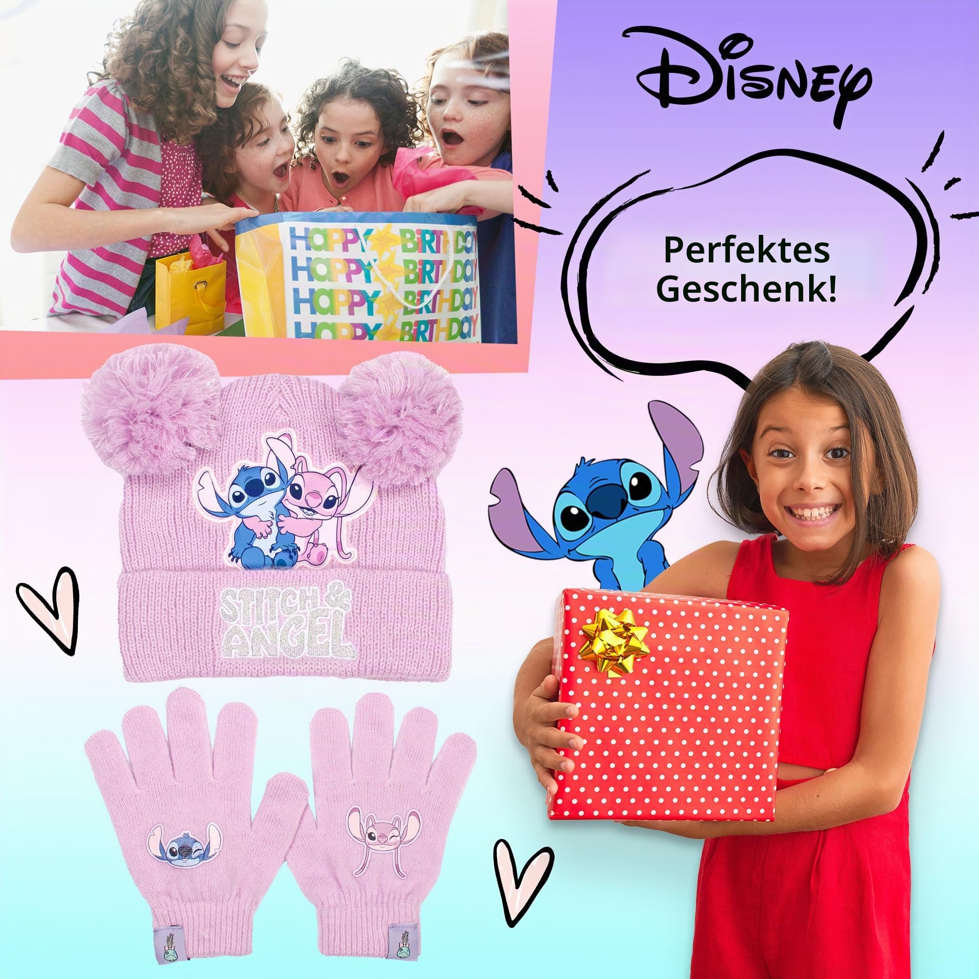 Disney Lilo & Stitch Wintermütze & Handschuhe Set für Mädchen - Warme & Kuschelige Beanie Mütze & Handschuhe - Perfekt für Kinder im Alter von 6-12 Jahren