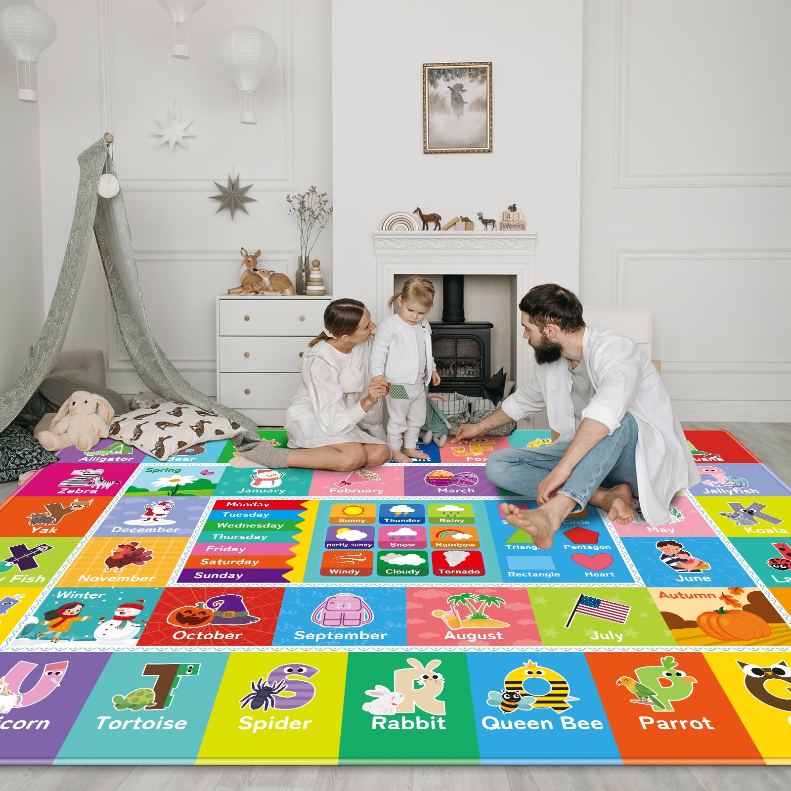 Kinderteppich fürs Spielzimmer, Kinder-Baby-Spielmatte mit Alphabet, Monat, Wetter, Woche und Formen ABC Lernteppich, Kinder-Spielteppich für Schlafzimmer Klassenzimmer (78.7X59 INCH, Wetter)