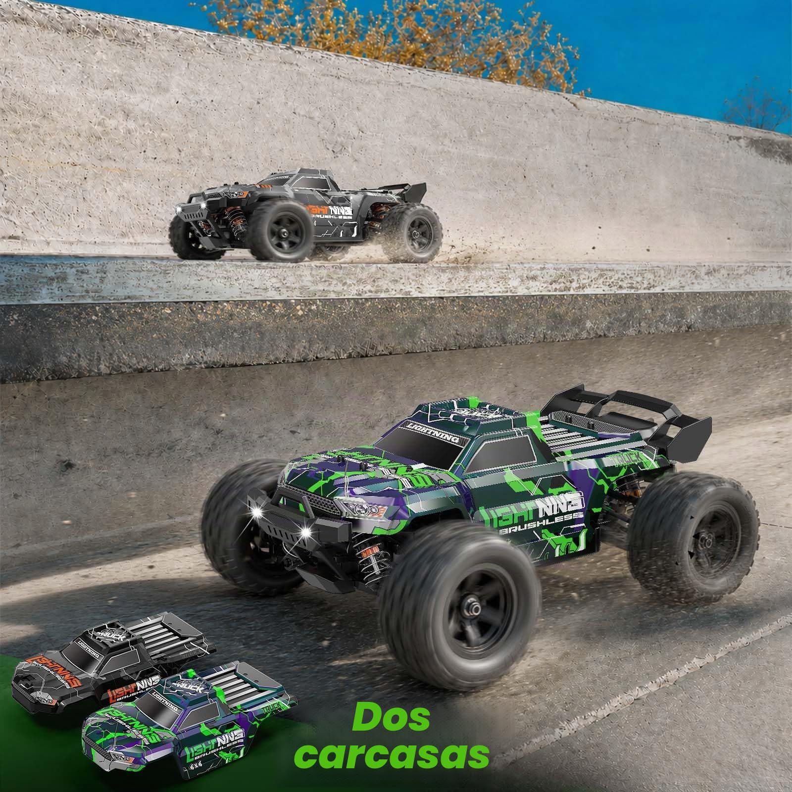 Coche Teledirigido Adulto 1:18 Brushless RC Offroad 4x4 52 km/h | Coche RC todoterreno RTR con amortiguadores de aceite, transmisión metálica, 2 baterías y 2 carrocerías