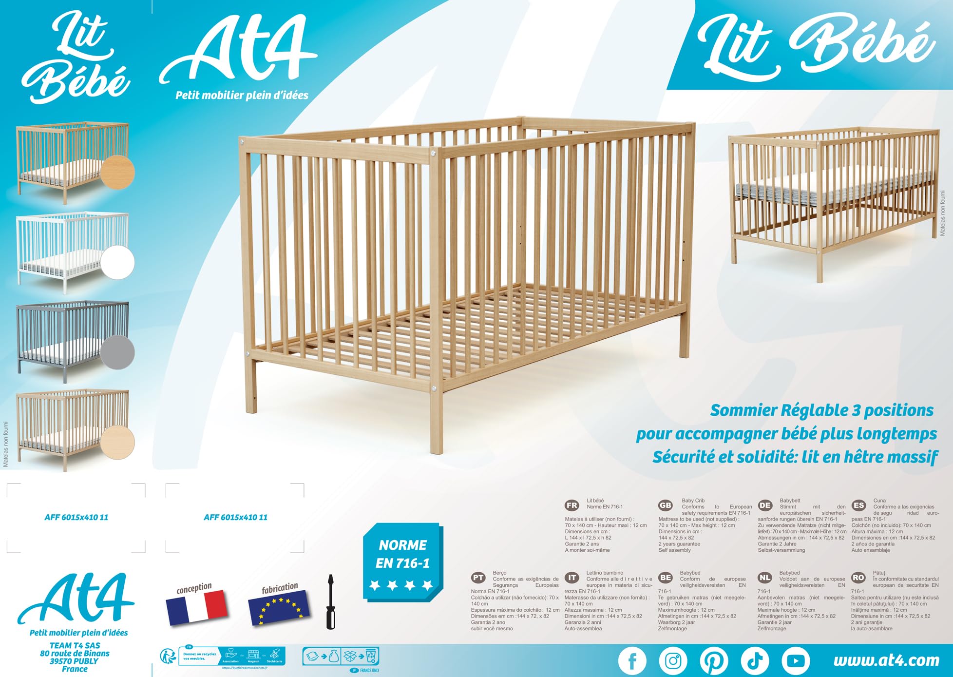 AT4 - Lit Bébé 70x140 ESSENTIEL Hêtre Brut| 144 x 74 x 86,5 cm | Sommier à lattes réglable 3 hauteurs